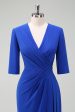 Royal Blue V-Neck Pleated Bodycon Cocktail Party Dress For Cheap