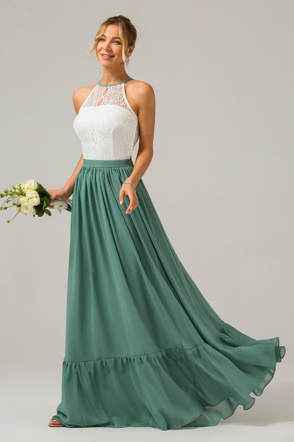 Eucalyptus Keyhole Boho Chiffon Long Bridesmaid Dress with Lace Online now