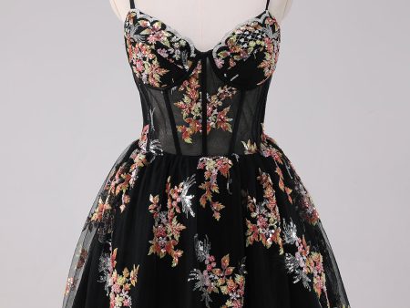 Sparkly Black A-Line Floral Short Homecoming Dress Discount