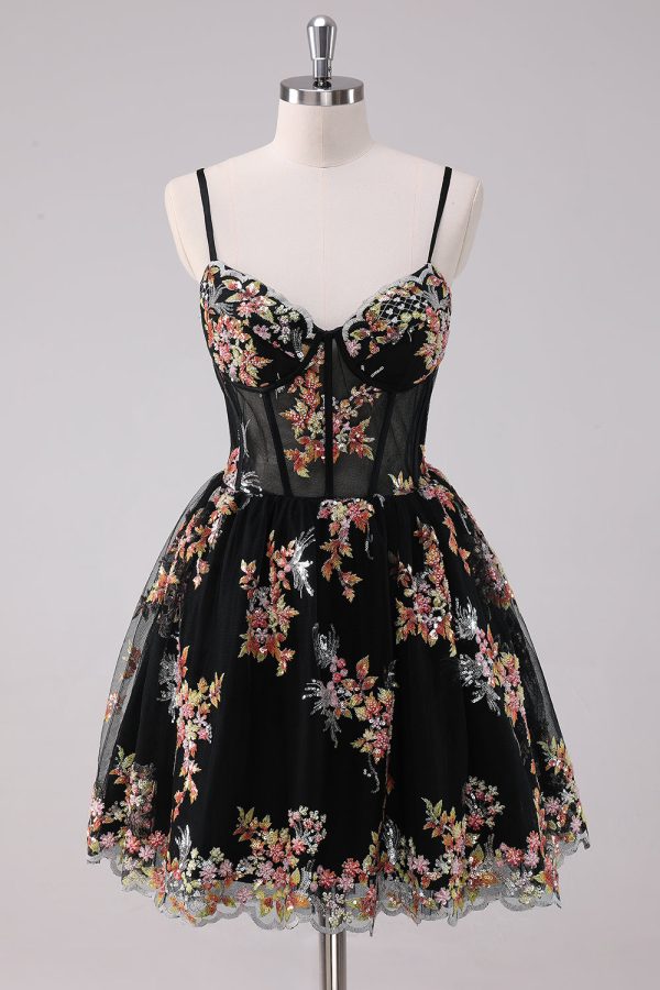 Sparkly Black A-Line Floral Short Homecoming Dress Discount