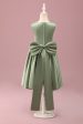 Grey Green A-Line Round Neck Satin Flower Girl Dress with Bow Online