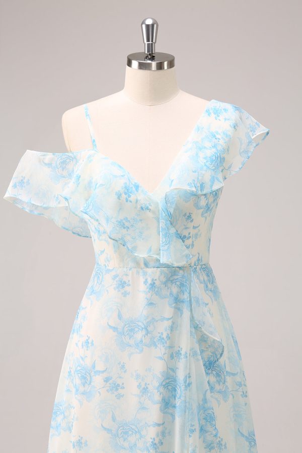 Stylish A-Line White Blue Flower Chiffon Bridesmaid Dress with Slit Hot on Sale