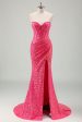 Sparkly Fuchsia Mermaid Strapless Corset Sequins Long Prom Dress with Slit For Cheap