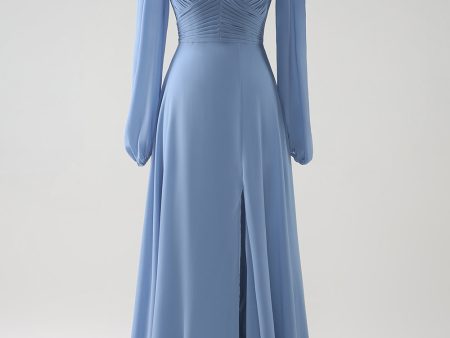 A Line Grey Blue V-Nack Chiffon Bridesmaid Dress with Long Sleeves Online Hot Sale