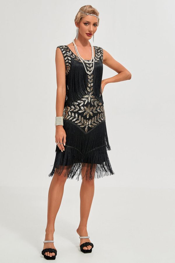 Black Gatsby 1920s Flapper Dress with Sequins and Fringes Supply