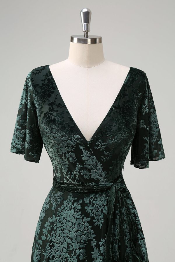 Dark Green A Line V-Neck Burnout Velvet Floral Long Bridesmaid Dress Fashion