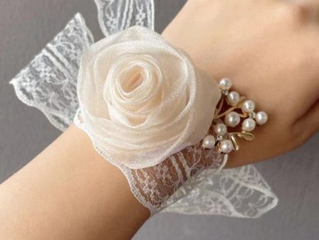 Champagne Pearl Prom Wrist Corsage with Lace Ribbon Hot on Sale