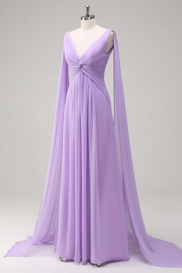 Elegant Lilac Chiffon A-Line Gown with Flowing Cape Sleeves on Sale