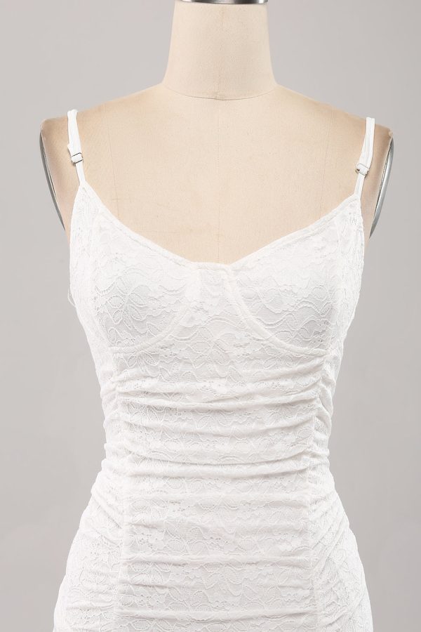 Cute Spaghetti Straps Bodycon Pleated Lace Short White Graduation Dress Online now