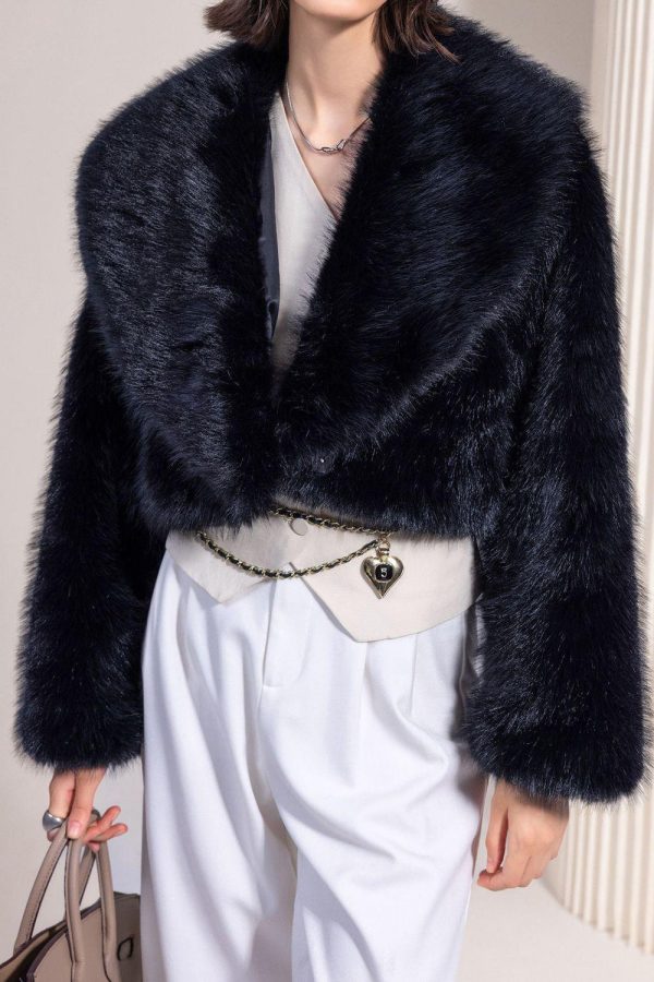 Black Cropped Faux Fur Open Front Fluffy Short Coat For Cheap