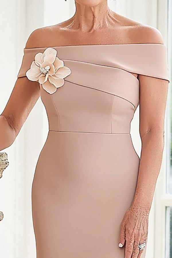 Off the Shoulder Satin Blush Mother of the Bride Dress with 3D Flower Online Sale