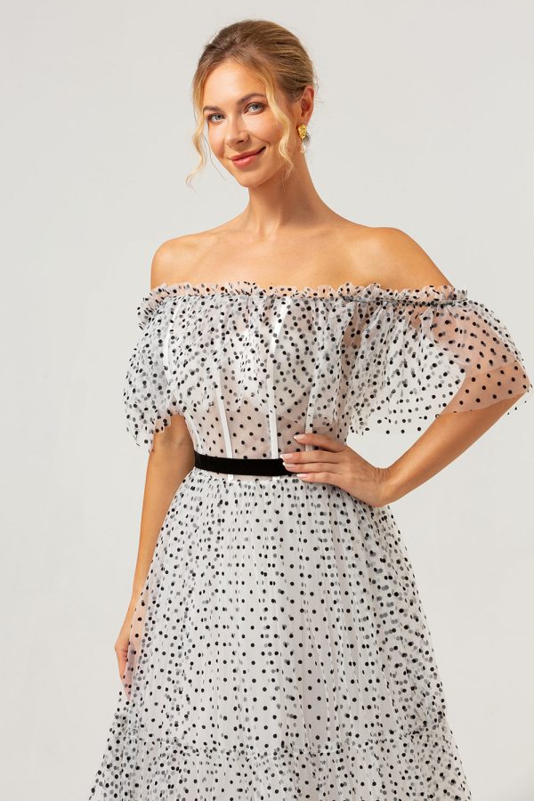 White Black A-Line Off The Shoulder Long Prom Dress with Dot Supply