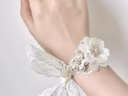 White Ceramic Flower Wrist Corsage with Lace Ribbon For Sale