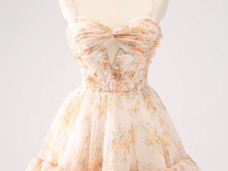 Yellow A-Line Front Twist Short Floral Homecoming Dress With Ruffles Online Sale