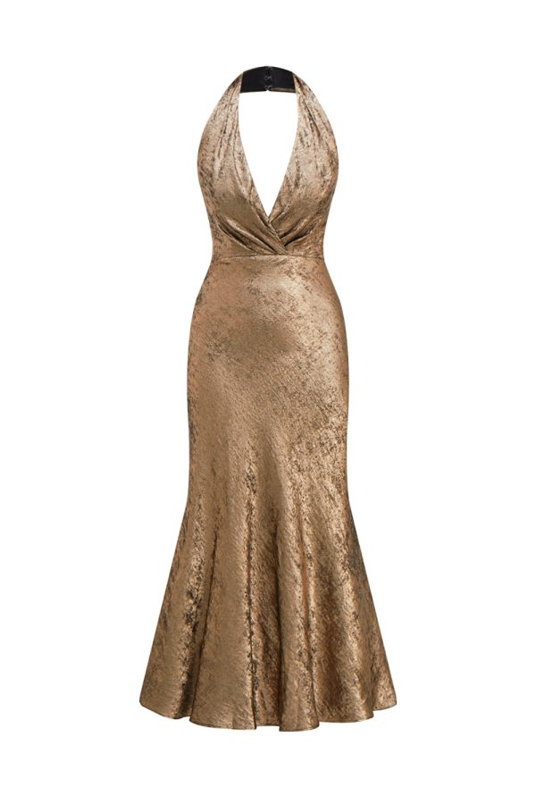 Golden Halter Neck Mermaid Satin Midi Cocktail Dress Cheap