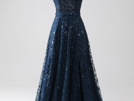 A-Line Dark Navy Spaghetti Straps Long Prom Dress with Slit For Cheap