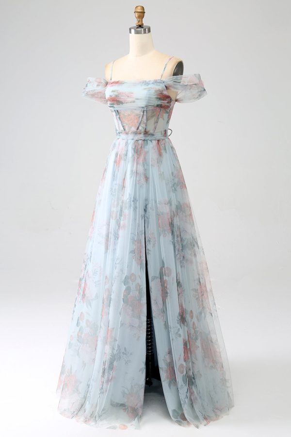 A-Line Blue Printed Cold Shoulder Long Corset Prom Dress with Slit Online Sale