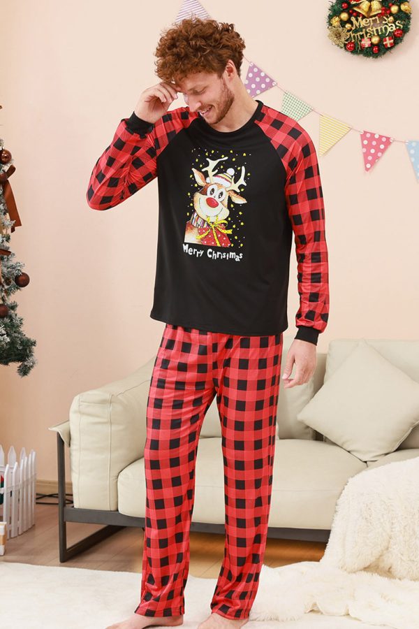 Black and Red Plaid Deer Printed Christmas Family Pajamas Set on Sale