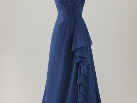 Dark Blue A-Line Ruffle Long Bridesmaid Dress with Slit Discount