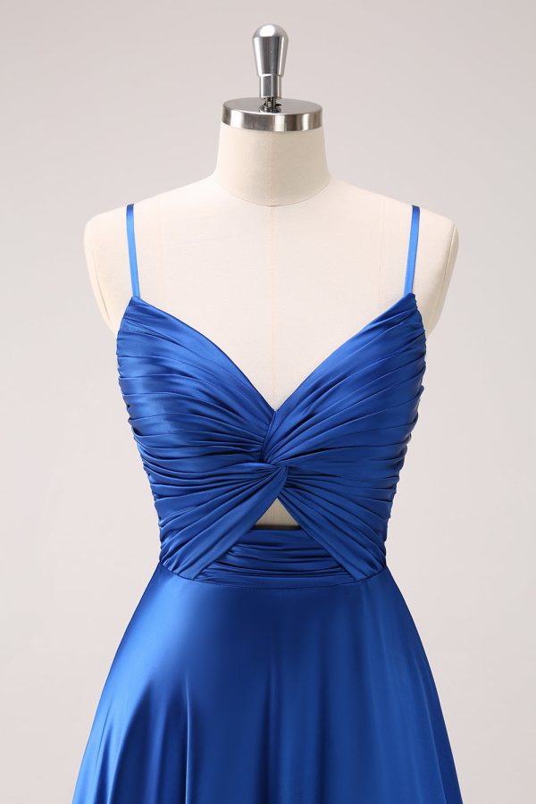 Ink Blue Spaghetti Straps Satin Bridesmaid Dress with Slit Sale