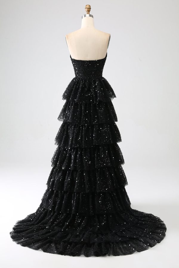 A-Line Sequins Black Tiered Prom Dress with Slit Online