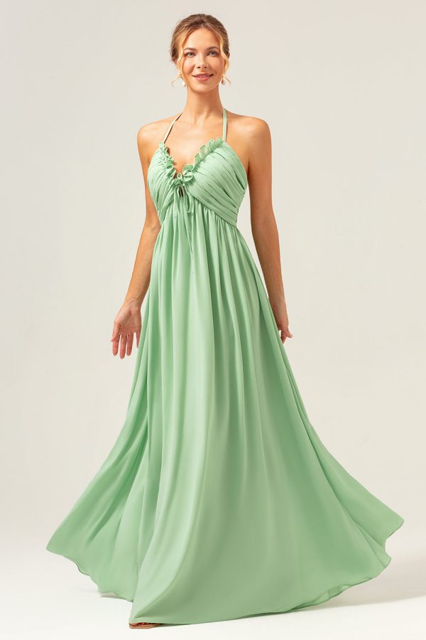 Light Green A Line Halter Backless Long Bridesmaid Dress with Lace Up Back Supply