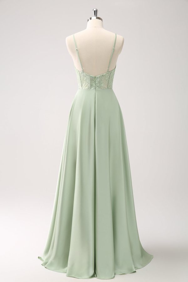 Green Spaghetti Straps A-Line Satin Long Corset Bridesmaid Dress with Slit Online