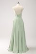 Green Spaghetti Straps A-Line Satin Long Corset Bridesmaid Dress with Slit Online