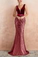 Sparkly Burgundy Mermaid Deep V Neck Long Prom Dress with Open Back Online Hot Sale