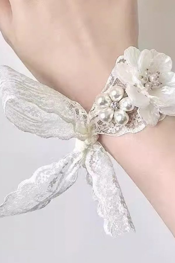 White Ceramic Flower Wrist Corsage with Lace Ribbon For Sale