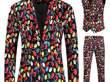 Black Notched Lapel Colorful Printed Christmas 3 Pieces Men s Suits Online now