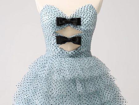 Blue A Line Tiered Dotted Strapless Homecoming Dress with Bows For Sale