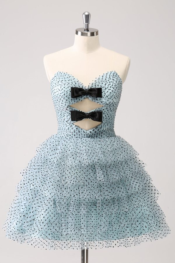 Blue A Line Tiered Dotted Strapless Homecoming Dress with Bows For Sale