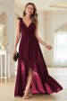 A-Line Burgundy V-Neck Chiffon High Low Prom Dress For Discount