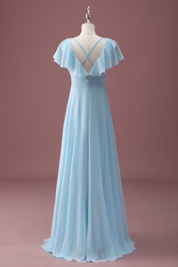 Sky Blue A Line V-Neck Ruched Chiffon Junior Bridesmaid Dress Online now