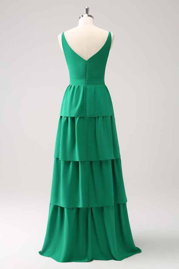 Green A-Line V-Neck Tiered Long Bridesmaid Dress Online now