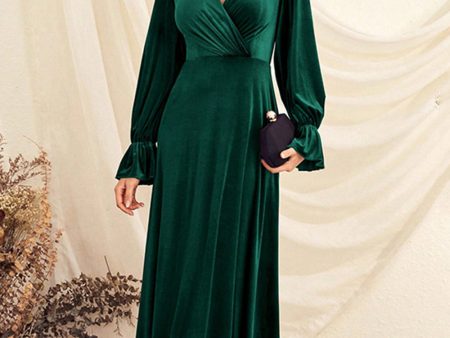 Dark Green V Neck Velvet Wrap Long Prom Dress with Long Sleeves Discount