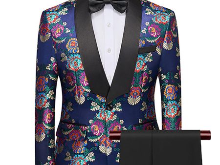 Navy Flower Jacquard 2 Piece Men s Prom Suits For Discount