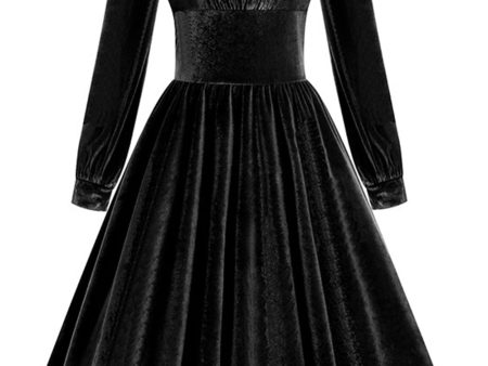 Black A Line Long Sleeves Pleated Vintage 1950s Dress Online