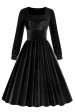 Black A Line Long Sleeves Pleated Vintage 1950s Dress Online