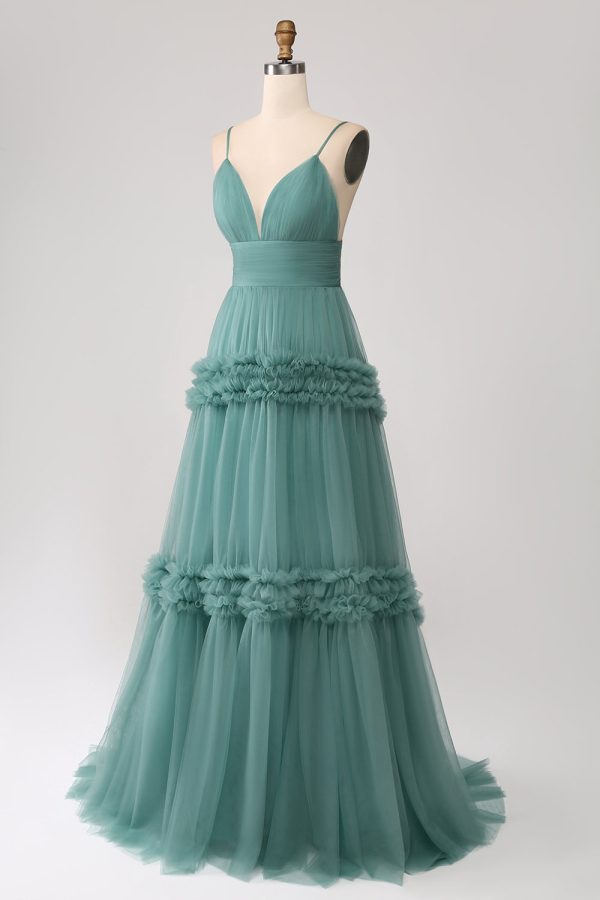 Green A Line Spaghetti Straps Tulle Long Prom Dress with Ruffles Hot on Sale