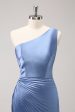 Blue One Shoulder Satin Keyhole Long Bridesmaid Dress Discount