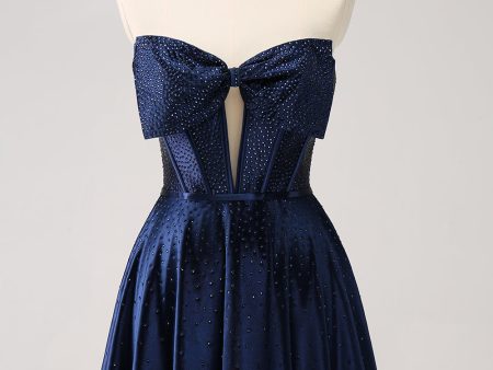 Sparkly Navy Beaded Corset Hollow Out Short Homecoming Dress With Bow on Sale