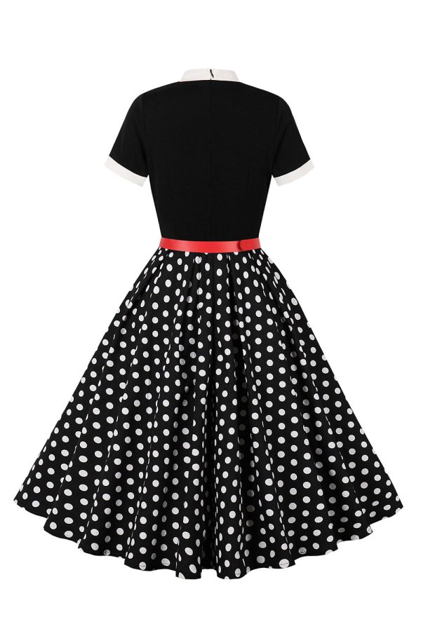 A Line Black Polka Dots Short Sleeves 1950s Dress with Belt Hot on Sale