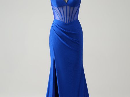 Sparkly Royal Blue Mermaid Beaded Corset Long Prom Dress with Slit on Sale