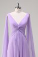 Elegant Lilac Chiffon A-Line Gown with Flowing Cape Sleeves on Sale