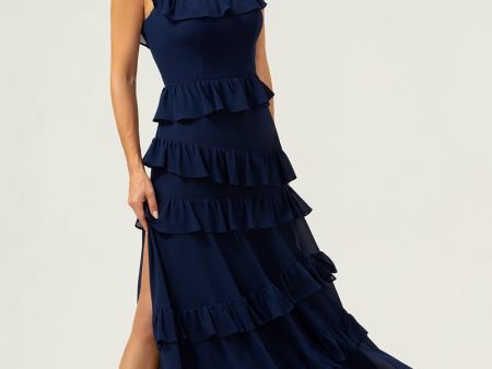 A-Line Square Neck Tiered Chiffon Long Dark Navy Bridesmaid Dress For Sale