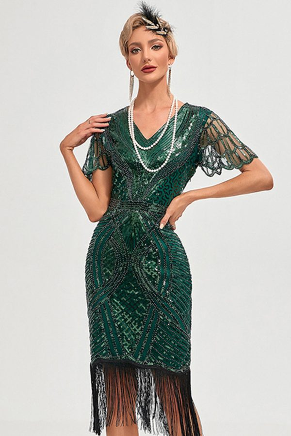 Beading Dark Green Glitter Fringes Flapper Dress with Accessories Set For Sale