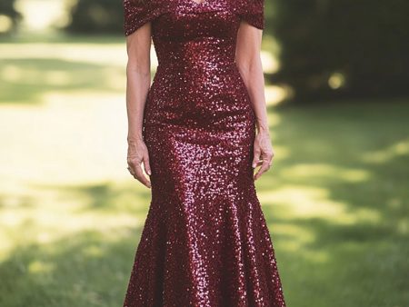 Sparkly Burgundy Off The Shoulder Long Prom Dress With Sequin Fashion