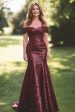 Sparkly Burgundy Off The Shoulder Long Prom Dress With Sequin Fashion